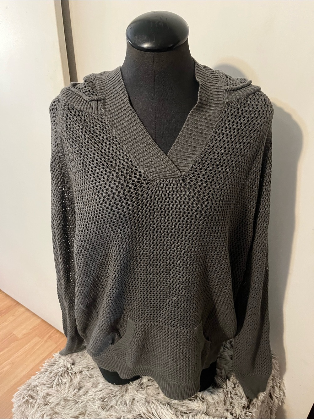 Women's Navy Open-Knit Hooded Long-Sleeve Cover up